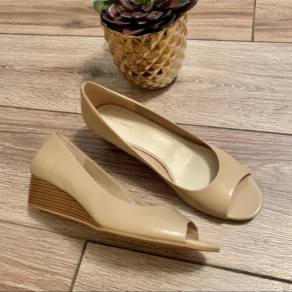Tan Cole Haan peep toe wedges